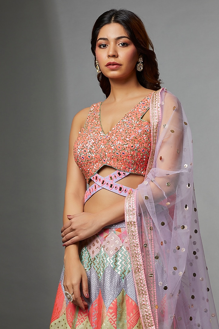 Multi-Colored Woven Fabric Embroidered Wedding Lehenga Set by Avnni Kapur at Pernia's Pop Up Shop